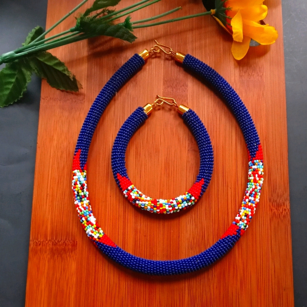 2PC Beautiful African Beaded Maasai Jewelry Set - Picture 2 of 12